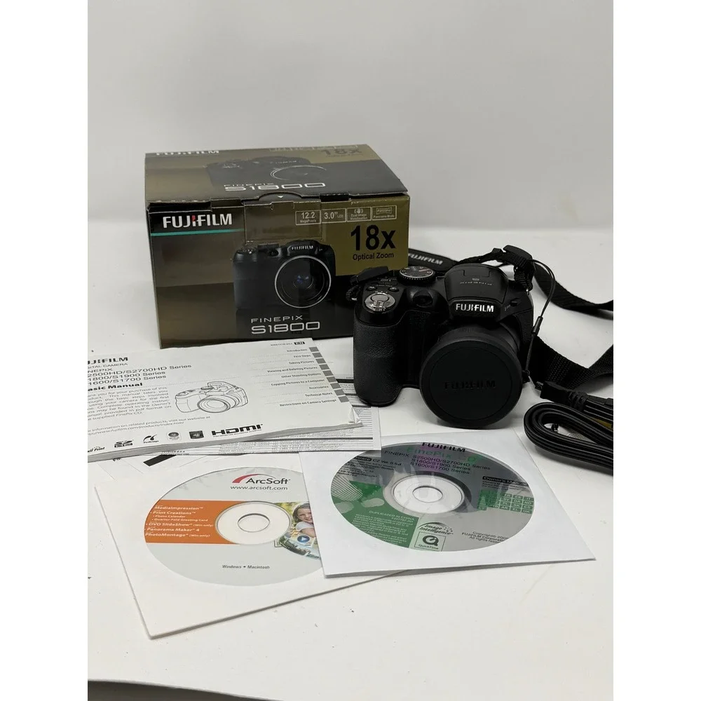 Fujifilm FinePix S1800 Digital Camera Black 12.2MP 18x Optical Zoom Bundle Box